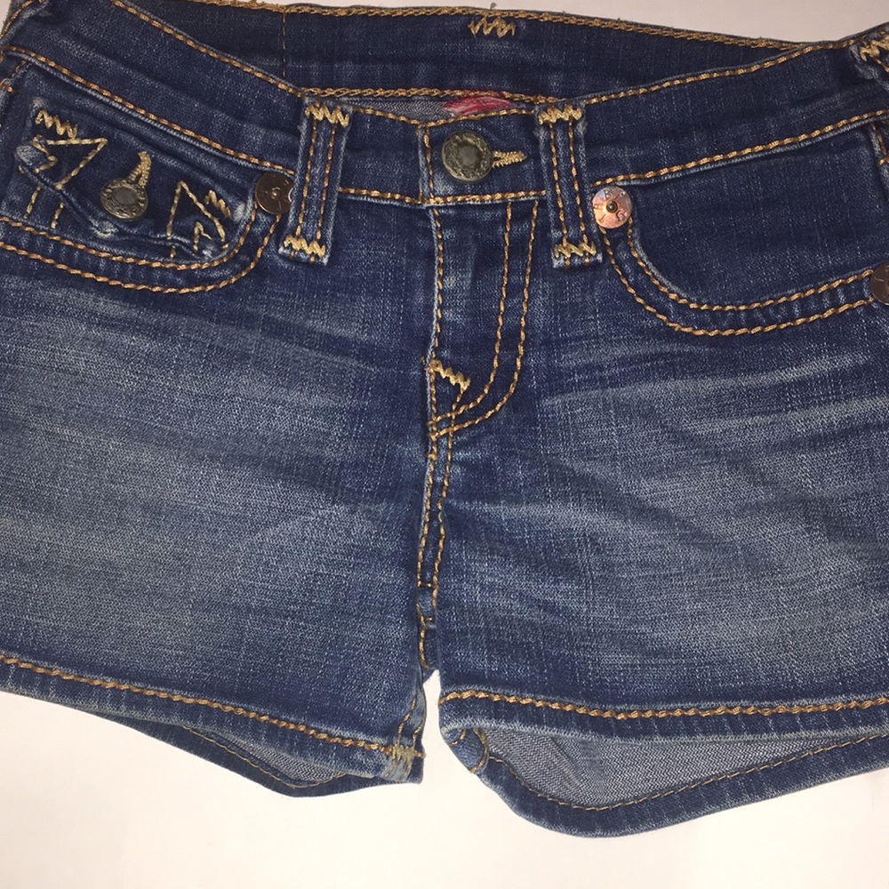 True Religion Dark Blue Denim Shorts with Contrast Stitching
